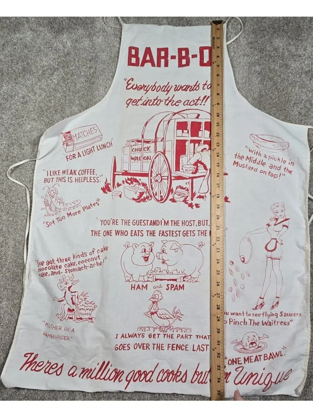 Vintage BAR-B-Q Apron Kitschy Graphics Novelty Puns Chuck Wagon Tailgate Cookout